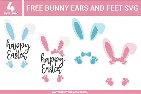 Easter bunny ears and feet designs with soft pastel pink and blue colors, bow accents, paw prints, and playful arrangements including happy Easter lettering.