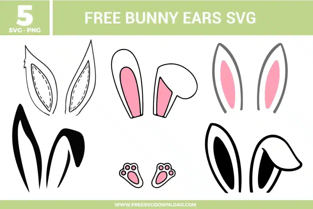 Bunny ears SVG set featuring five different ear styles with clean outlines, floppy and upright shapes, soft pink inner details, and simple paw accents arranged on a white background.