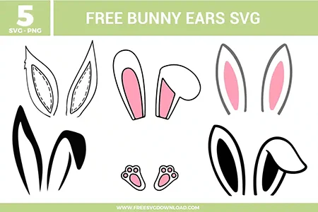 Bunny ears SVG set featuring five different ear styles with clean outlines, floppy and upright shapes, soft pink inner details, and simple paw accents arranged on a white background.