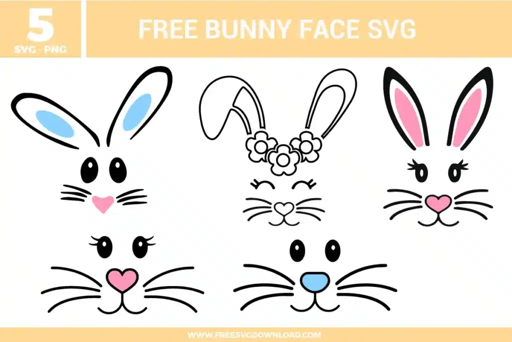 Cute bunny face designs with simple line art, long ears, whiskers, heart-shaped noses, floral headband details, and soft pink and blue accents in a playful Easter style.