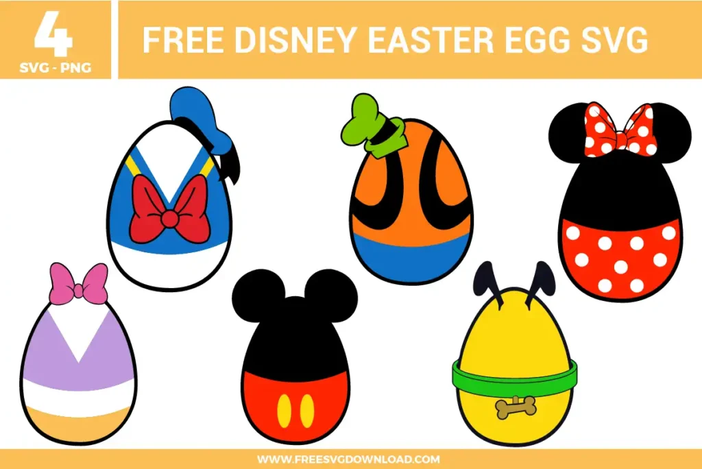 Free Disney Easter egg SVG designs showing character inspired egg shapes with bows, ears, hats, and colorful Easter themed details