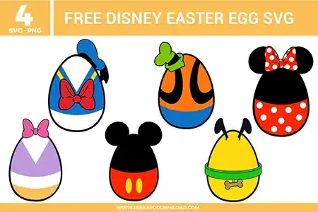 Free Disney Easter egg SVG designs showing character inspired egg shapes with bows, ears, hats, and colorful Easter themed details