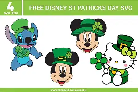 Free Disney St Patrick’s Day SVG designs showing character inspired faces wearing green hats with shamrocks and lucky themed holiday details