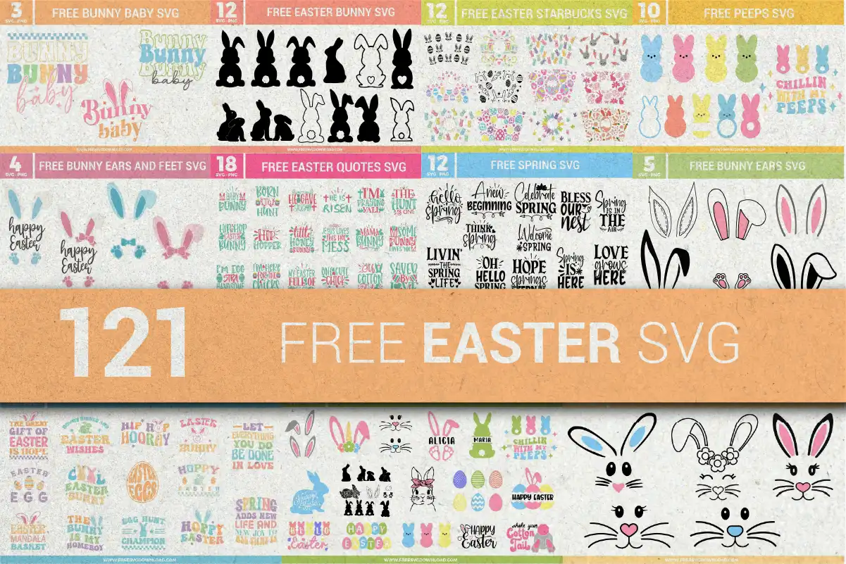 Free Easter SVG collection featuring Easter bunnies, eggs, quotes, and Starbucks wrap designs. Perfect for Cricut, Silhouette, and DIY craft projects.