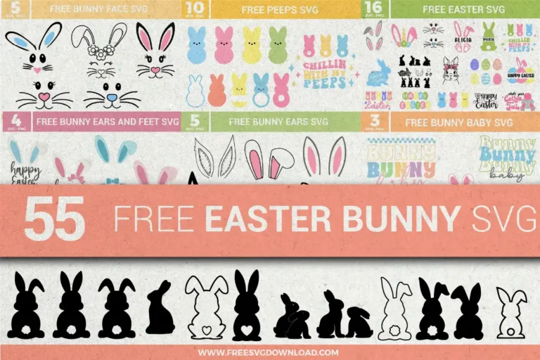 55 Free Easter Bunny SVG designs featuring bunny silhouettes, bunny faces, Peeps designs, bunny ears, and feet.