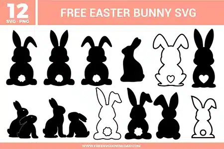 Easter bunny silhouette designs showing sitting and side-view rabbits with long ears, fluffy tails, and simple outline details in solid black and white styles.