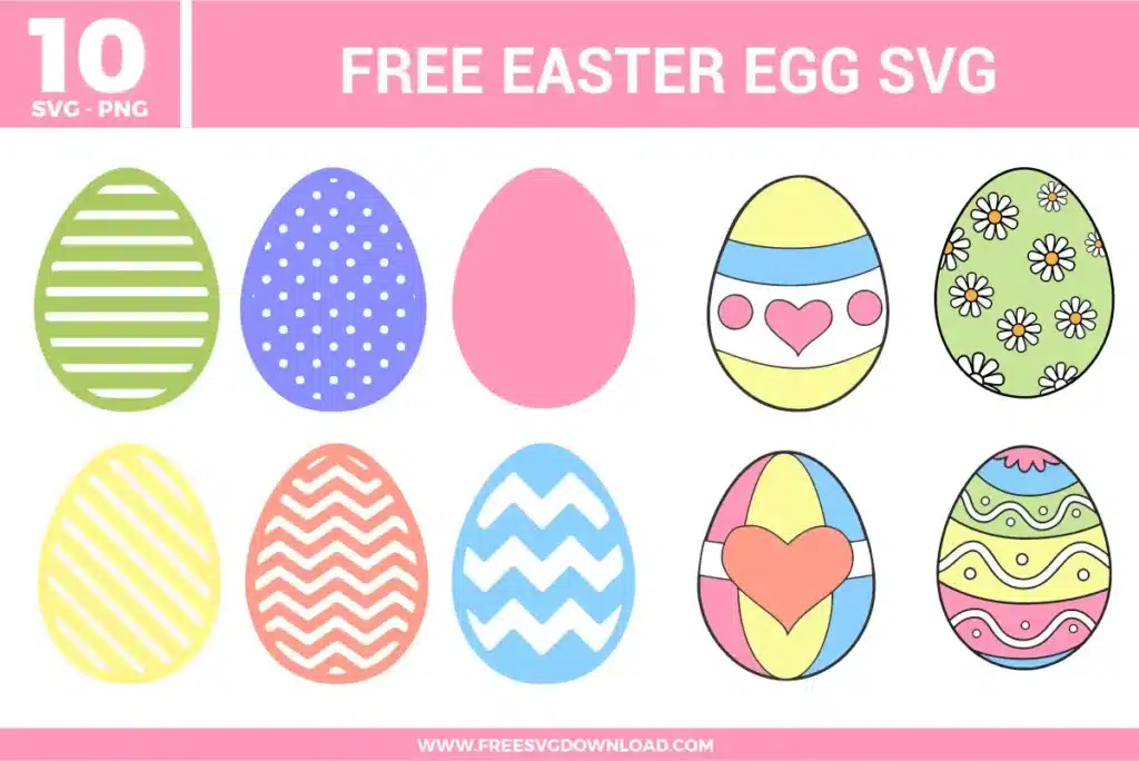 Colorful Easter egg designs with stripes, polka dots, zigzag patterns, hearts, flowers, and soft pastel shades of pink, blue, yellow, green, and purple.