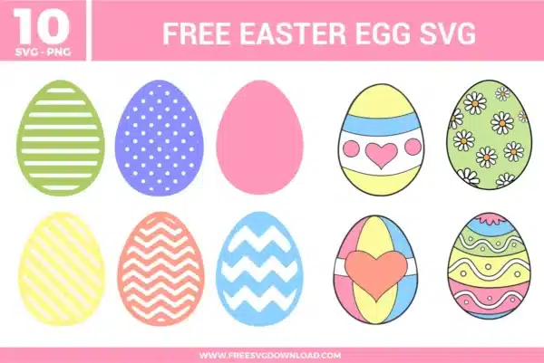 Colorful Easter egg designs with stripes, polka dots, zigzag patterns, hearts, flowers, and soft pastel shades of pink, blue, yellow, green, and purple.