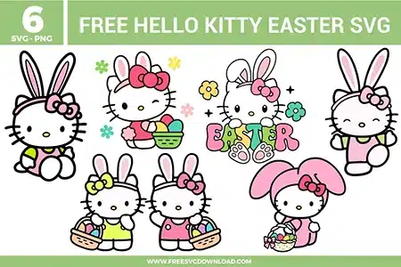 Hello Kitty Easter SVG bundle featuring cute bunny-themed Hello Kitty characters with Easter baskets, eggs, pastel colors, and spring holiday elements for crafting and cutting projects