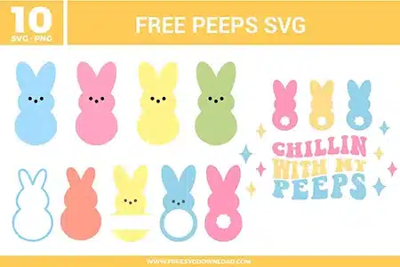 Pastel Peeps bunny SVG collection featuring simple marshmallow-style bunny shapes in pink, blue, yellow, and green, including solid silhouettes, outline versions, layered cut styles, and a playful “Chillin with my Peeps” text design.