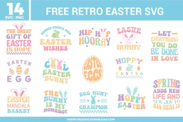 Retro Easter SVG bundle with pastel typography designs featuring bunny phrases, Easter egg graphics, playful spring sayings, and vintage-inspired lettering in soft pink, blue, yellow, green, and lavender tones.