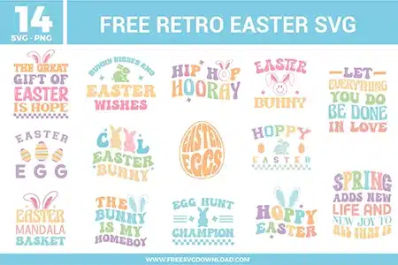 Retro Easter SVG bundle with pastel typography designs featuring bunny phrases, Easter egg graphics, playful spring sayings, and vintage-inspired lettering in soft pink, blue, yellow, green, and lavender tones.