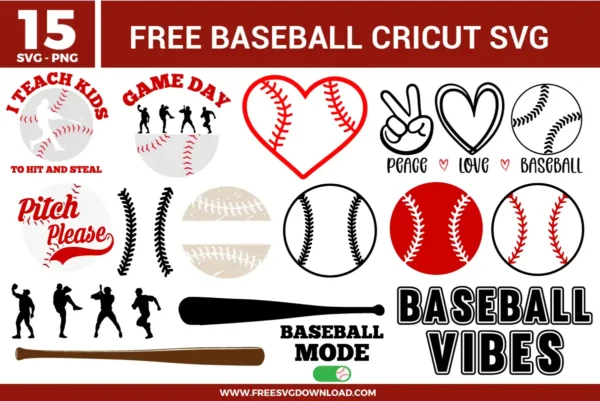 Assortment of 15 baseball free svg files highlighting sports themes like wood grain bats, red and white stitched balls, player silhouettes, and a baseball seam heart vector. The text graphics include enthusiastic varsity quotes like "Baseball Vibes" and "Baseball Mode" for personalized game day crafting.