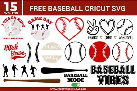 Assortment of 15 baseball free svg files highlighting sports themes like wood grain bats, red and white stitched balls, player silhouettes, and a baseball seam heart vector. The text graphics include enthusiastic varsity quotes like "Baseball Vibes" and "Baseball Mode" for personalized game day crafting.