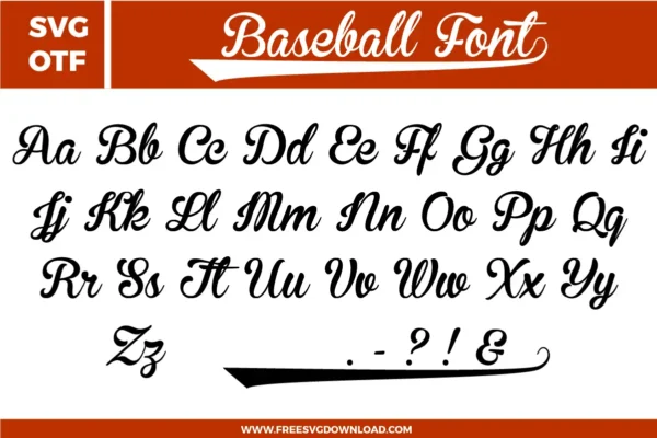 A classic script Baseball Font free svg files set. The design features elegant, flowing cursive characters with traditional athletic swooshes and tails. This OTF and SVG font bundle includes a full uppercase and lowercase alphabet, along with punctuation and tail flourishes in a clean black style perfect for vintage-inspired sports apparel and custom team branding.