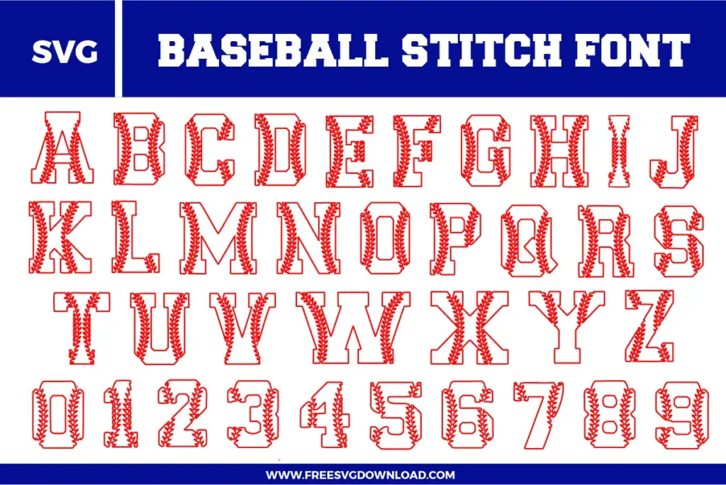 A sporty and athletic Baseball Stitch Font free svg files set. The design features classic collegiate-style block letters and numbers 0-9 with detailed red baseball stitching running through the center of each character. This SVG alphabet bundle is designed with clean red outlines and realistic lacing, making it perfect for team sports apparel and personalized fan gear.