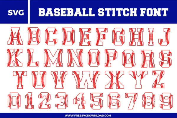 A sporty and athletic Baseball Stitch Font free svg files set. The design features classic collegiate-style block letters and numbers 0-9 with detailed red baseball stitching running through the center of each character. This SVG alphabet bundle is designed with clean red outlines and realistic lacing, making it perfect for team sports apparel and personalized fan gear.