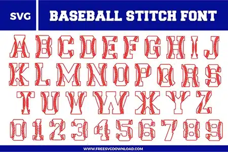 A sporty and athletic Baseball Stitch Font free svg files set. The design features classic collegiate-style block letters and numbers 0-9 with detailed red baseball stitching running through the center of each character. This SVG alphabet bundle is designed with clean red outlines and realistic lacing, making it perfect for team sports apparel and personalized fan gear.