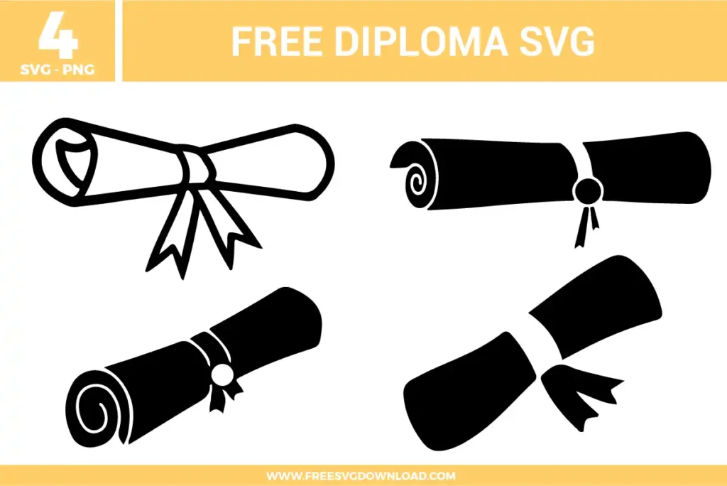 A collection of 4 free svg files featuring diploma scrolls in various styles. This set includes a clean black outline of a rolled diploma with a ribbon, along with three solid black silhouettes featuring decorative seals and tied ribbons, ideal for graduation announcement cards and senior year crafts.