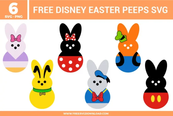 Free Disney Easter Peeps SVG designs showing character inspired bunny shapes with bows, ears, colorful outfits, and playful Easter themed details
