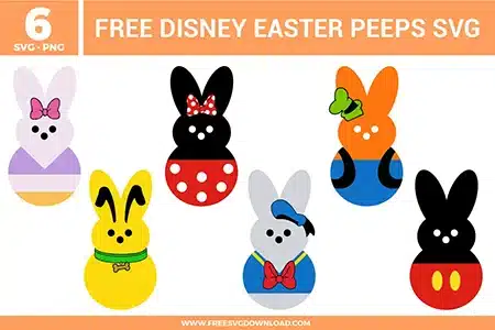 Free Disney Easter Peeps SVG designs showing character inspired bunny shapes with bows, ears, colorful outfits, and playful Easter themed details