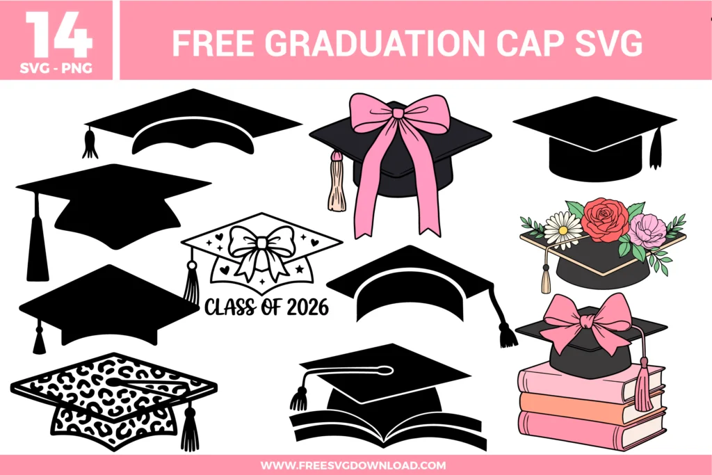 A set of 14 free svg files featuring black silhouette graduation caps with tassels. These mortarboard designs come in different angles and tassel lengths, making them ideal for high school or college graduation decorations, senior year apparel, and commemorative school projects.