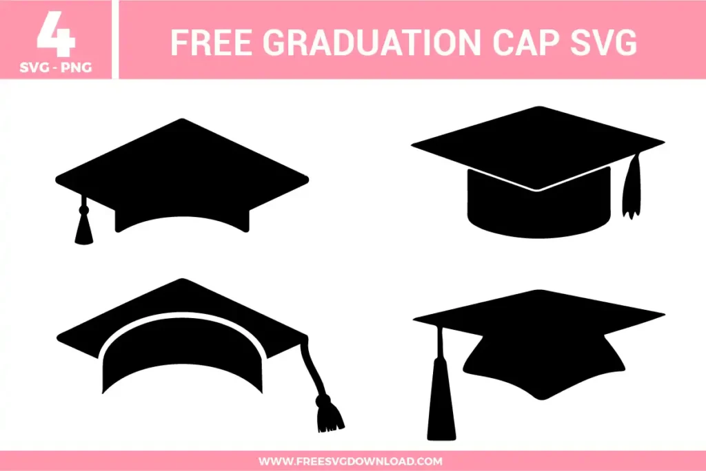 A set of 4 free svg files featuring black silhouette graduation caps with tassels. These mortarboard designs come in different angles and tassel lengths, making them ideal for high school or college graduation decorations, senior year apparel, and commemorative school projects.