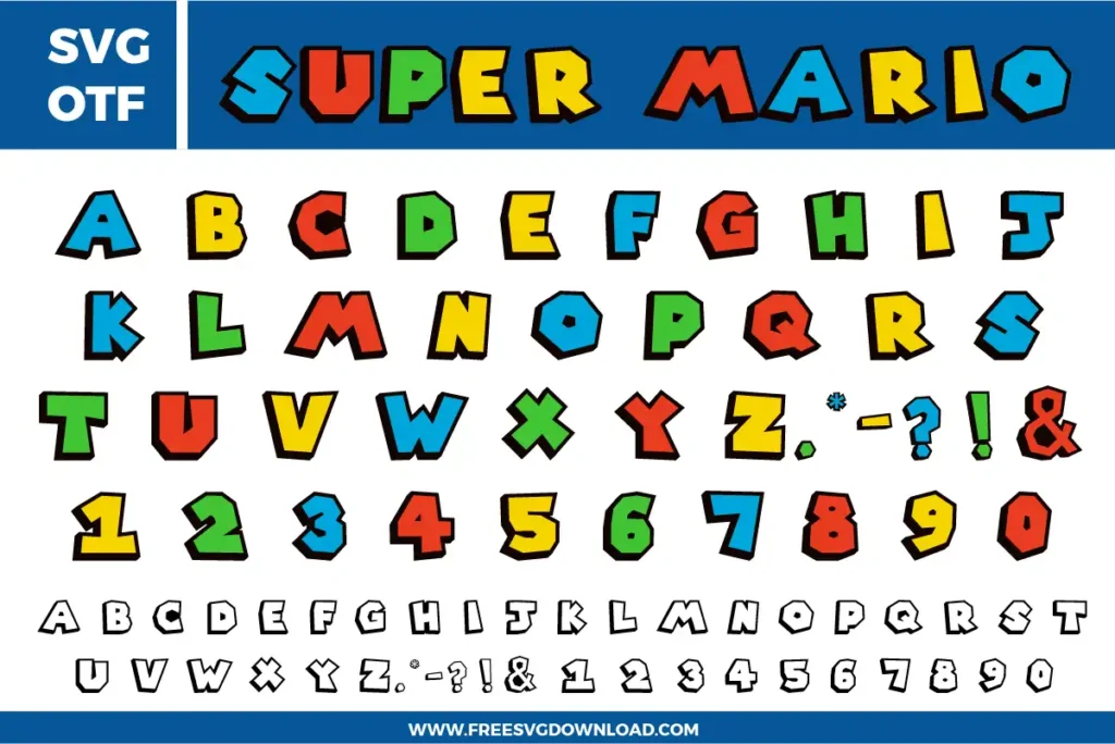 A colorful and iconic Mario Font free svg files set. The design features blocky, 3D-style characters with thick black outlines, inspired by the classic video game aesthetic. This OTF and SVG font bundle includes uppercase letters in vibrant red, blue, green, and yellow, along with numbers 0-9 and a clean black-and-white line art version for custom coloring.