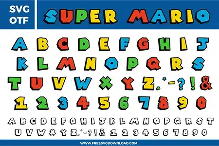 A colorful and iconic Mario Font free svg files set. The design features blocky, 3D-style characters with thick black outlines, inspired by the classic video game aesthetic. This OTF and SVG font bundle includes uppercase letters in vibrant red, blue, green, and yellow, along with numbers 0-9 and a clean black-and-white line art version for custom coloring.