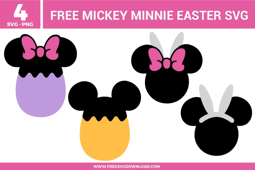Free Mickey and Minnie Easter SVG designs showing Easter egg styled Mickey silhouettes with bunny ears, bows, and pastel spring themed details