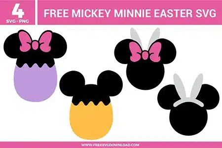 Free Mickey and Minnie Easter SVG designs showing Easter egg styled Mickey silhouettes with bunny ears, bows, and pastel spring themed details
