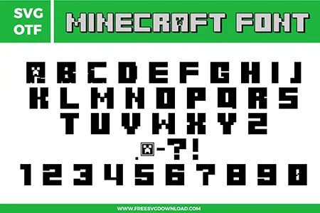 A pixelated and bold Minecraft Font free svg files set. The design features blocky, 8-bit style characters with sharp right angles, including a specialized Creeper face icon. This SVG and OTF font bundle includes a full uppercase alphabet, numbers 0-9, and punctuation in a classic video game typography style perfect for gaming-themed DIY projects.