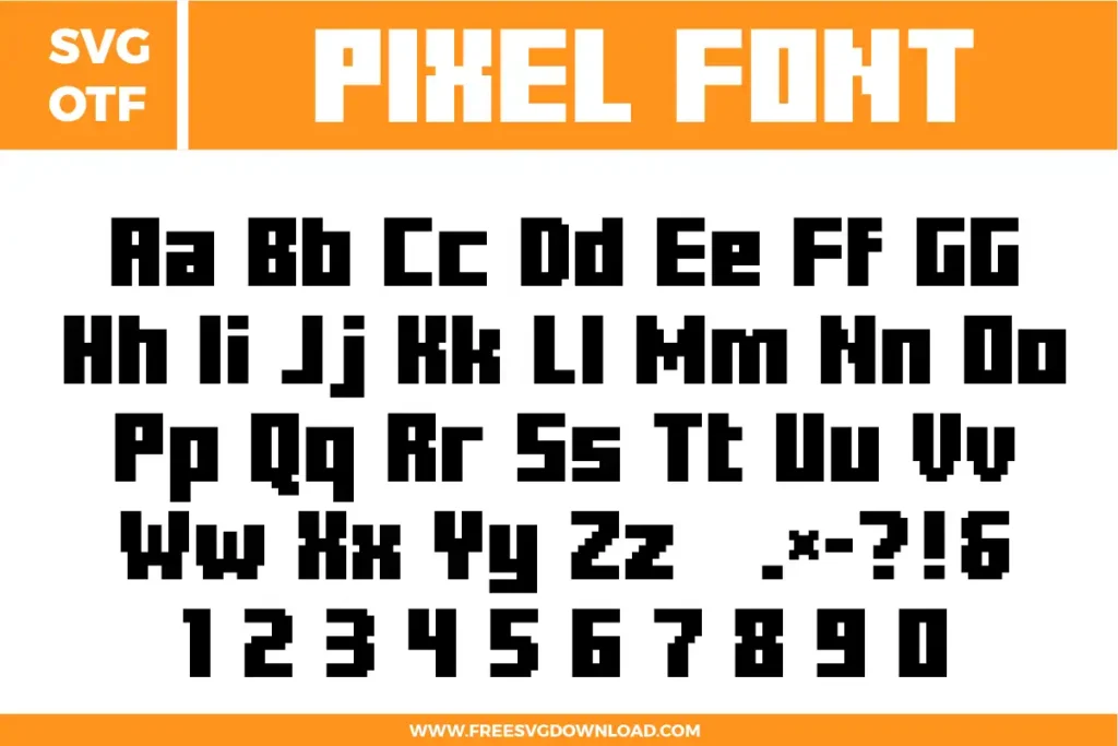 A retro and blocky Pixel Font free svg files set. The design features a classic 8-bit aesthetic with thick, squared-off characters and geometric shapes. This OTF and SVG font bundle includes uppercase and lowercase alphabets, numbers 0-9, and essential punctuation marks in a bold black style perfect for gaming-themed crafts and digital designs.