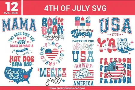 12 free svg files for the 4th of July featuring retro and Western-themed designs like a patriotic cowboy hat, "MAMA" in distressed varsity letters, "BOOM BOOM baby," and a flag-patterned smiley face in red, white, and blue hues.