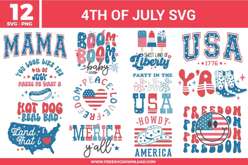 12 free svg files for the 4th of July featuring retro and Western-themed designs like a patriotic cowboy hat, "MAMA" in distressed varsity letters, "BOOM BOOM baby," and a flag-patterned smiley face in red, white, and blue hues.
