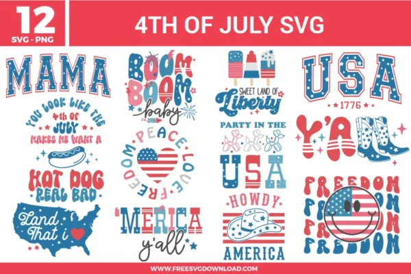12 free svg files for the 4th of July featuring retro and Western-themed designs like a patriotic cowboy hat, "MAMA" in distressed varsity letters, "BOOM BOOM baby," and a flag-patterned smiley face in red, white, and blue hues.