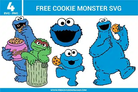 Cookie Monster SVG bundle featuring cartoon Cookie Monster characters eating cookies, holding cookie jars, and smiling faces with Sesame Street style designs for crafting and cutting projects