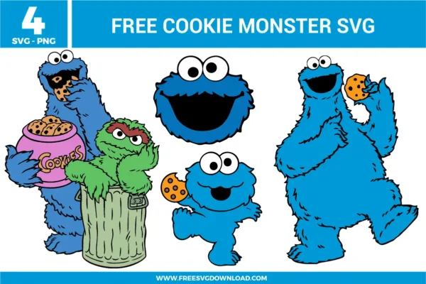 Cookie Monster SVG bundle featuring cartoon Cookie Monster characters eating cookies, holding cookie jars, and smiling faces with Sesame Street style designs for crafting and cutting projects
