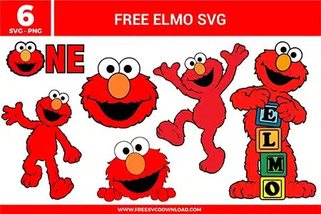 A collection of six red Elmo digital illustrations for crafting. The designs include Elmo's face paired with the word "ONE," a close-up of Elmo's head, Elmo waving, Elmo peeking from the bottom, Elmo jumping with joy, and Elmo standing next to blocks spelling his name.
