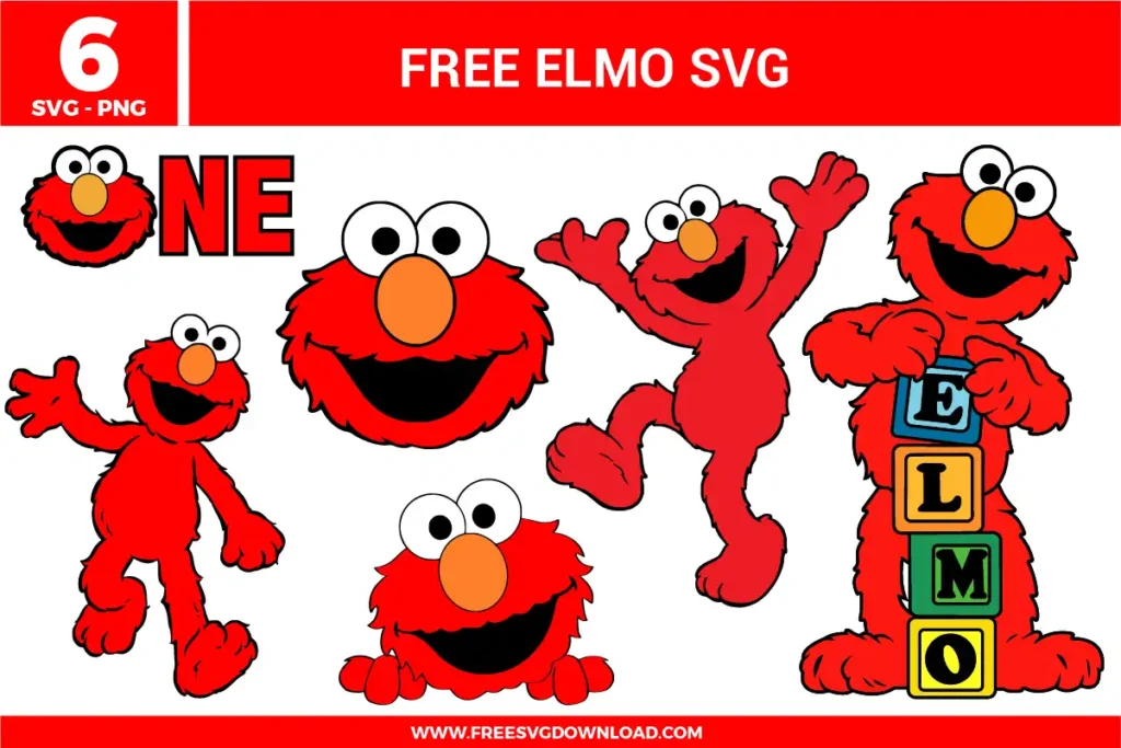 A collection of six red Elmo digital illustrations for crafting. The designs include Elmo's face paired with the word "ONE," a close-up of Elmo's head, Elmo waving, Elmo peeking from the bottom, Elmo jumping with joy, and Elmo standing next to blocks spelling his name.
