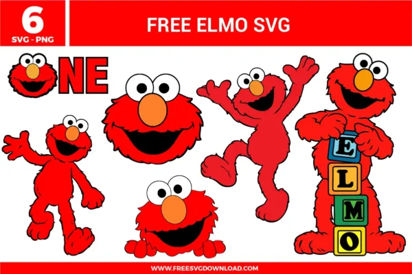 A collection of six red Elmo digital illustrations for crafting. The designs include Elmo's face paired with the word "ONE," a close-up of Elmo's head, Elmo waving, Elmo peeking from the bottom, Elmo jumping with joy, and Elmo standing next to blocks spelling his name.