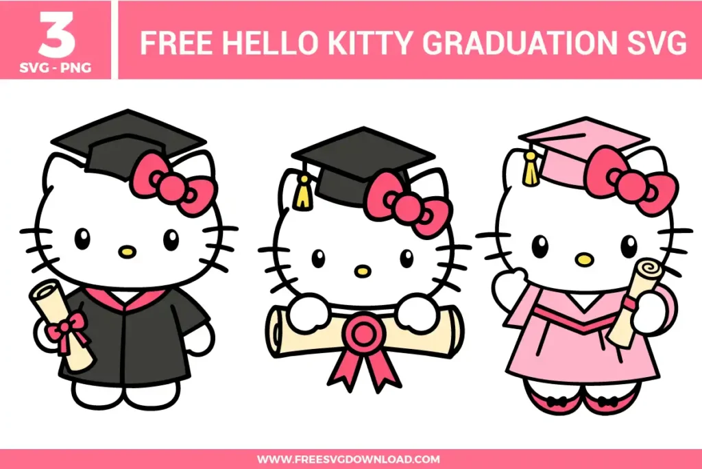 3 Hello Kitty graduation SVG and PNG files for crafting. The designs include Hello Kitty wearing a black graduation cap and gown holding a diploma, a close-up version peeking over a diploma, and a version wearing a pink cap and gown holding a diploma.
