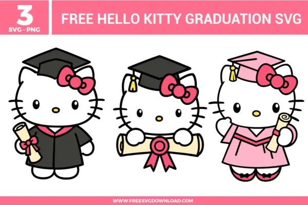 3 Hello Kitty graduation SVG and PNG files for crafting. The designs include Hello Kitty wearing a black graduation cap and gown holding a diploma, a close-up version peeking over a diploma, and a version wearing a pink cap and gown holding a diploma.