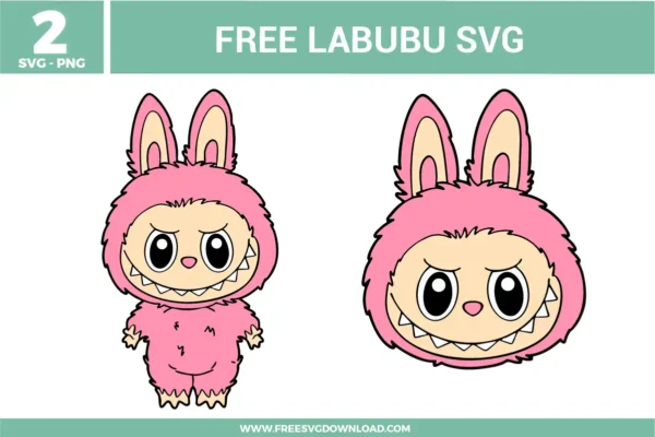 2 free Labubu SVG and PNG files for crafting. The designs include a full-body illustration of the pink Labubu character with its signature monster grin and pointed ears, alongside a separate close-up of Labubu's head.