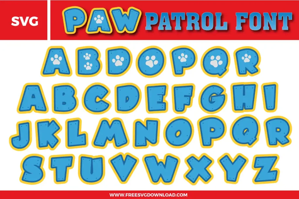 A playful and bold Paw Patrol Font free svg files set. The design features chunky, rounded light blue characters with a distinct yellow outline. Several letters include a white paw print emblem in the center. This SVG alphabet bundle includes a full set of uppercase letters in a fun, heroic comic style perfect for children's birthday crafts.