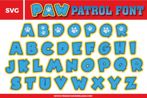 A playful and bold Paw Patrol Font free svg files set. The design features chunky, rounded light blue characters with a distinct yellow outline. Several letters include a white paw print emblem in the center. This SVG alphabet bundle includes a full set of uppercase letters in a fun, heroic comic style perfect for children's birthday crafts.