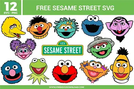 A collection of 12 free Sesame Street SVG and PNG files featuring character faces and the iconic green street sign. Characters include Big Bird, Ernie, Rosita, Cookie Monster, Count von Count, Abby Cadabby, Oscar the Grouch, Grover, Kermit, Elmo, Zoe, and Bert.