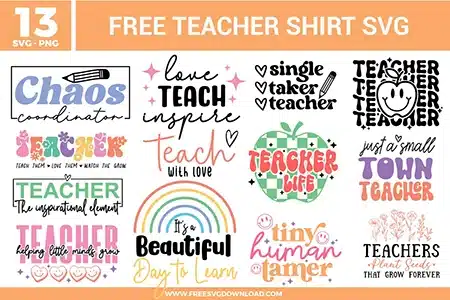 A bundle of 13 free svg files for teacher shirts featuring retro and modern typography. The set includes "Chaos Coordinator," "Tiny Human Tamer," and "Teacher Life" designs in a soft pastel color palette of mint green, lavender, peach, and mustard yellow, accented with groovy flowers and smiley faces.