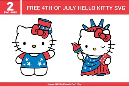 2 Hello Kitty 4th of July SVG and PNG files for crafting. The designs include Hello Kitty wearing an Uncle Sam inspired patriotic top hat and star-patterned outfit, alongside a design of Hello Kitty dressed as the Statue of Liberty holding a torch and tablet while winking.