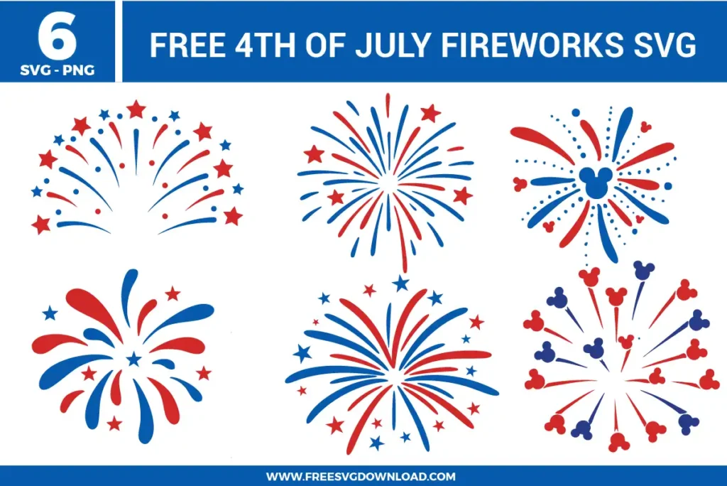 4th of July firework bursts in red, white, and blue, including unique "Hidden Mickey" firework designs and star-spangled explosions for Disney-themed patriotic celebrations.